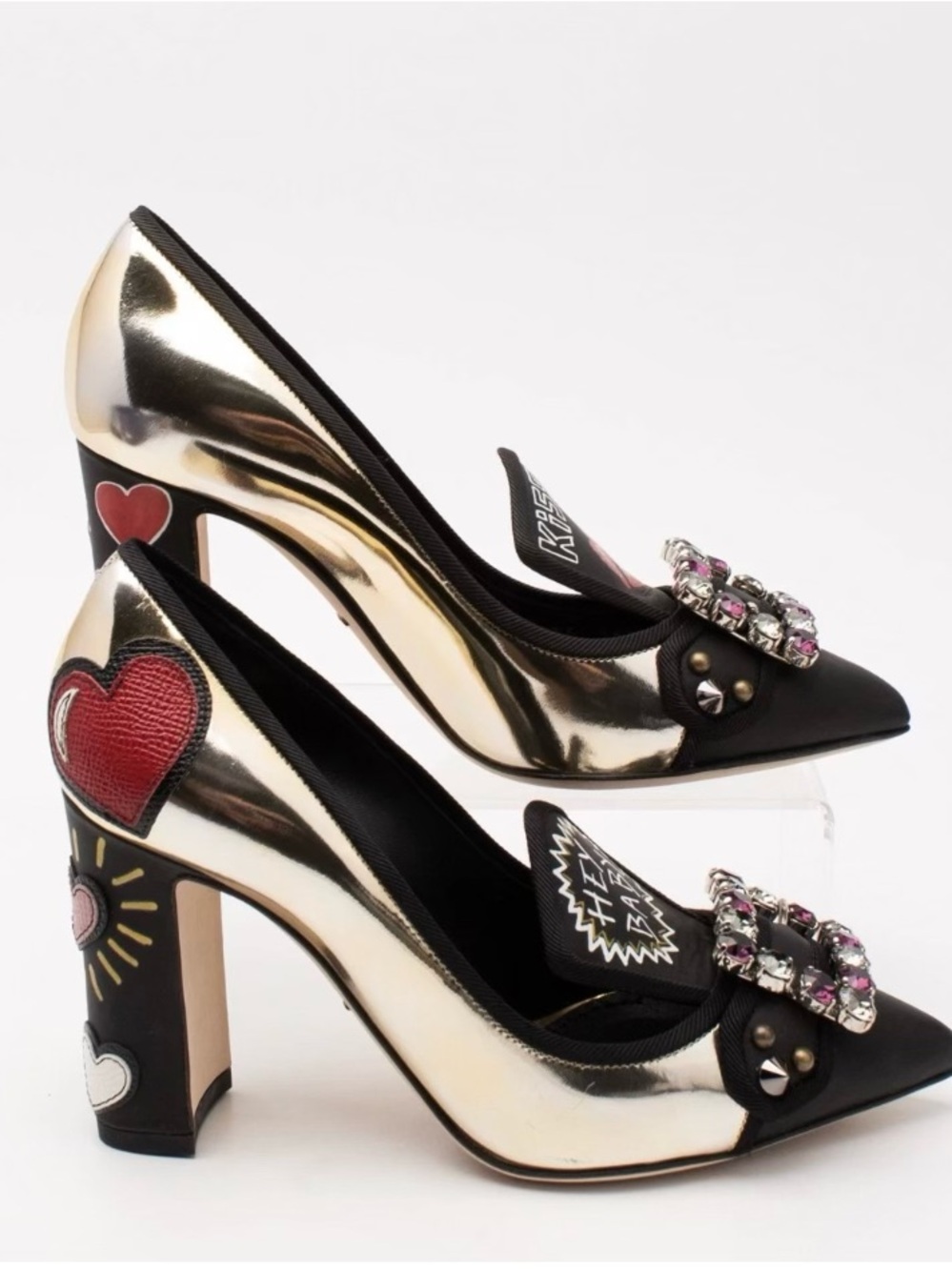 Dolce & Gabbana Metallic Gold and Black Crystal-Embellished Heart Heel Pumps